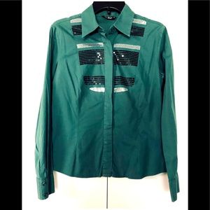 Miss Berge Blouse Shirt Sz M Silver Black Pallets 96% Cotton Stretch